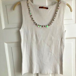 White scoop-neck embellished sweater